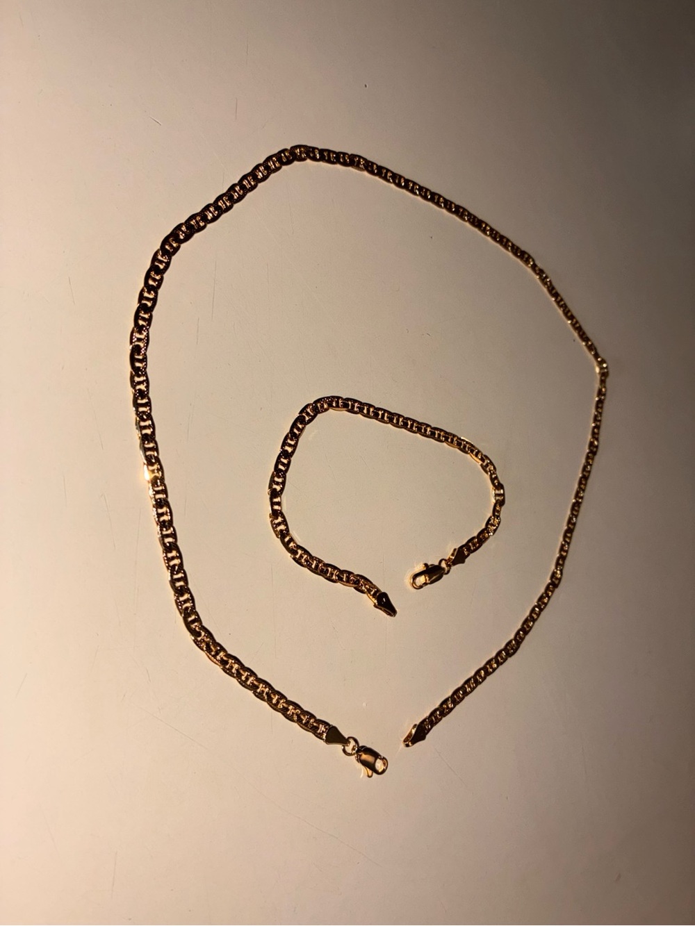 14K Gold Plated Dimond-Cut Link Chain + Bracelet Set — New